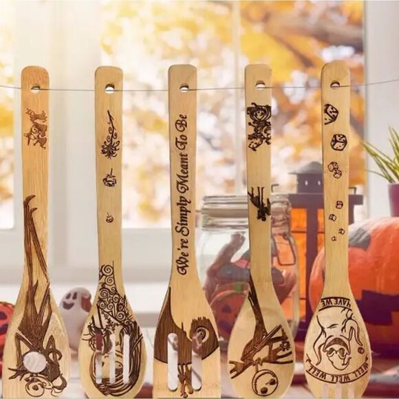 5pcs Bamboo Spoons Halloween Utensils Nightmare Before Christmas Lightweight - Picture 2 of 4